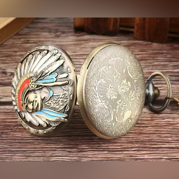 Etched Bronze Distinguished Indigenous Man Quartz Pocket Watch. - Picture 5 of 6